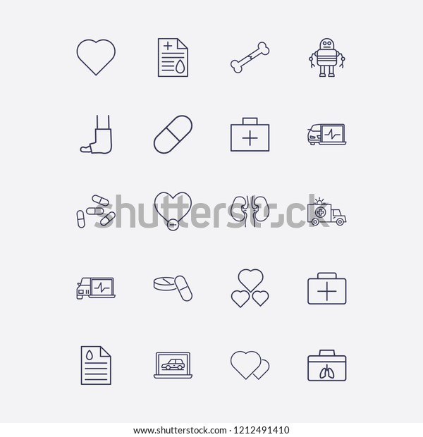Outline 20 doctor icon set. medicine\
briefcase, broken bone, diagnostic, pill, medicine document and\
remove heart vector\
illustration