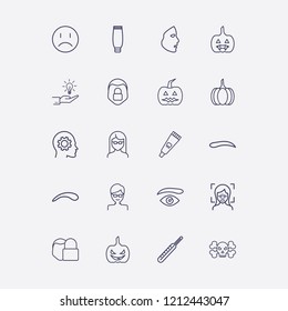 Outline 20 face icon set. glasses man, face lock, head with gear, brow eye, tube cream and medicine thermometer vector illustration