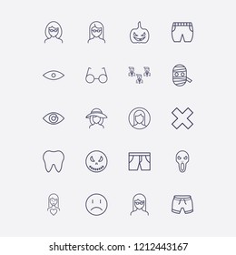 Outline 20 face icon set. close, sad smile, girl head in hat, woman in love, halloween pumpkin and eye vector illustration