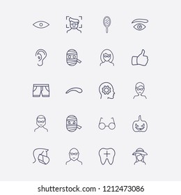 Outline 20 face icon set. halloween pumpkin, mirror, tooth, brow eye, thumb up and short vector illustration