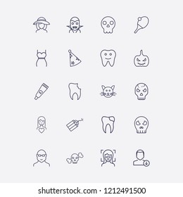 Outline 20 face icon set. halloween pumpkin, broken tooth, download user, tooth, table tennis and girl head in hat vector illustration
