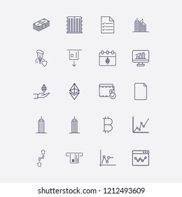 Outline 20 finance icon set. document list, building, money, businessman shield, cash withdrawal and monitor with chart vector illustration