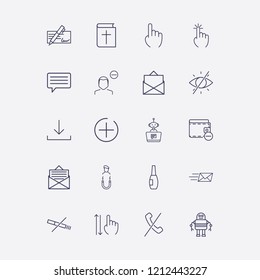 Outline 20 finger icon set. forbidden look, chat, no smoking, bot chat, nail brush and finger swipe vector illustration