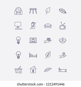 Outline 20 flat icon set. bed, desktop, check basket, leaf, laptop with suitcase and backless stool vector illustration
