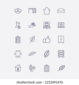 Outline 20 flat icon set. leaf, user setting, comod, smartphone vibration, clipboard and home vector illustration