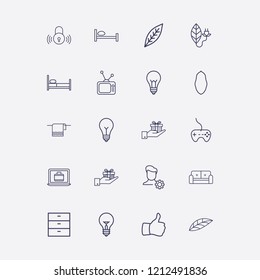 Outline 20 flat icon set. sofa, thumb up, lamp, hand with gift box, leaf and smart lock vector illustration