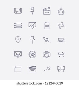 Outline 20 frame icon set. no view, paper pin, movie clapper, bus stop, location home and photo camera vector illustration
