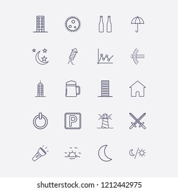 Outline 20 light icon set. sword, building, lighthouse, beer bottle, road and power vector illustration
