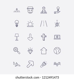 Outline 20 light icon set. hand with lamp, alarm flasher, flashlight, lamp, cross and dj vector illustration