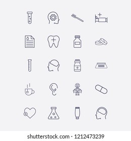 Outline 20 medicine icon set. flask, head in brain, medicine bed, medicine document, tooth and ear vector illustration