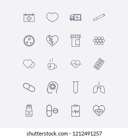 Outline 20 medicine icon set. cigarette, honeycomb, broken heart with plaster, pill, lungs and test tube vector illustration