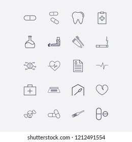 Outline 20 medicine icon set. medicine document, broken heart, sperm bank, medical aid box, flask and cigarette vector illustration