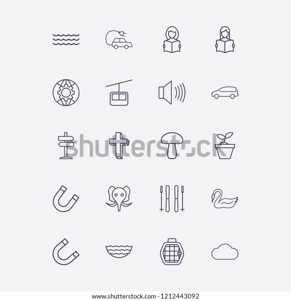 Outline 20 nature icon set. goose,\
wave, cross, sound, signpost and car vector\
illustration