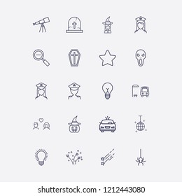 Outline 20 night icon set. disco ball, star, telescope, police, fireworks and zoom out vector illustration