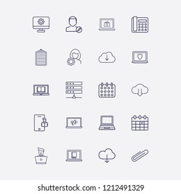 Outline 20 notebook icon set. monitor setting, laptop megaphone, online learning, laptop shield, cloud download and calendar vector illustration