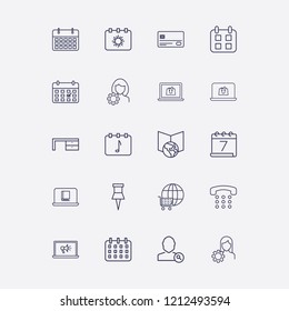 Outline 20 notebook icon set. online book reading, laptop megaphone, desk, online shopping, search user and paper pin vector illustration