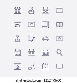 Outline 20 notebook icon set. account settings, search, laptop, note, calendar and book and pencil vector illustration
