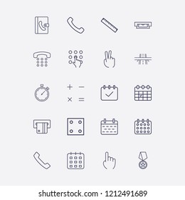 Outline 20 number icon set. calendar check, card withdrawal, one finger, phone book, pressing number and two fingers vector illustration