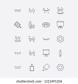 Outline 20 pine icon set. kitchen board, surfing board, board, garlands, garland and nut vector illustration