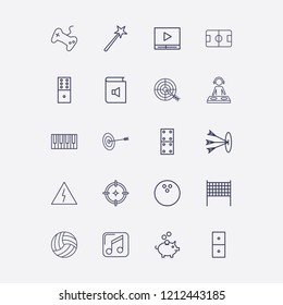 Outline 20 play icon set. piano keyboard, dj, volleyball ball, book sound, football pitch and media player vector illustration
