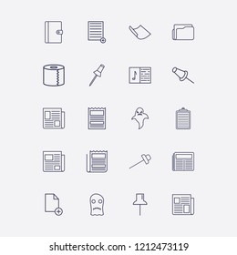 Outline 20 sheet icon set. melody notebook, newspaper, notebook, paper pin, toilet paper and clipboard vector illustration