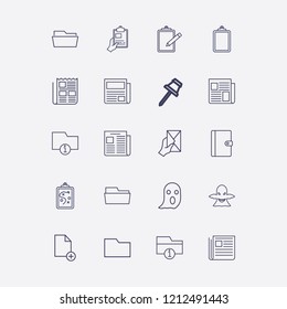 Outline 20 sheet icon set. clipboard, ghost, information folder, letter with hand, folder and clipboard with tactic vector illustration