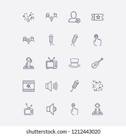 Outline 20 show icon set. audio conference, movie ticket, guitar, finger click, sound and magic hat vector illustration