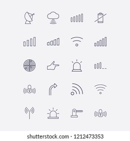 Outline 20 signal icon set. parking barrier, wifi, satellite antenna, cloud signal, finger right and alarm flasher vector illustration