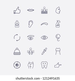 Outline 20 skin icon set. finger right, ear, body, liquid soap, lips and brow eye vector illustration
