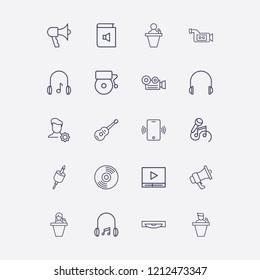 Outline 20 sound icon set. headset plug, video camera, karaoke, guitar, speaker human and book sound vector illustration