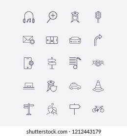 Outline 20 street icon set. headphone, road traffic, mail setting, bus stop, car and lovers vector illustration