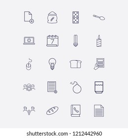 Outline 20 table icon set. group setting, water glasses, calendar, laptop with sun, lamp and audio conference vector illustration