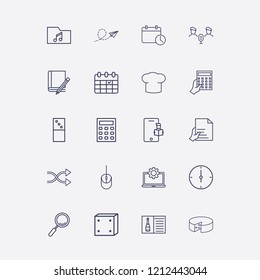Outline 20 table icon set. laptop setting, hand with calculator, hand with document, chef hat, calendar time and dice vector illustration