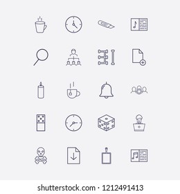 Outline 20 table icon set. melody notebook, group setting, download document, candle, bell and hot cup vector illustration