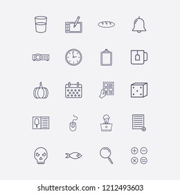 Outline 20 table icon set. halloween skeleton, food menu, clock, projector, dice and pumpkin vector illustration