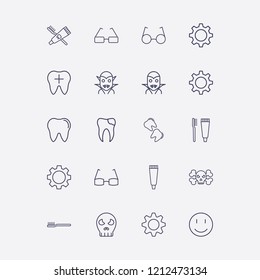 Outline 20 teeth icon set. toothbrush and toothpaste, smile, tooth paste, broken tooth, halloween skeleton and gear vector illustration