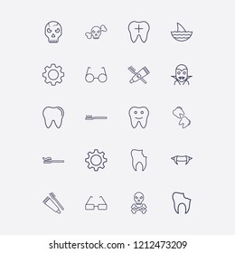 Outline 20 teeth icon set. halloween vampire teeth, halloween skeleton, broken tooth, toothbrush and toothpaste, glasses and halloween vampire vector illustration