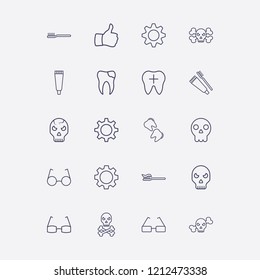 Outline 20 teeth icon set. halloween skeleton, toothbrush and toothpaste, glasses, thumb up, gear and broken tooth vector illustration