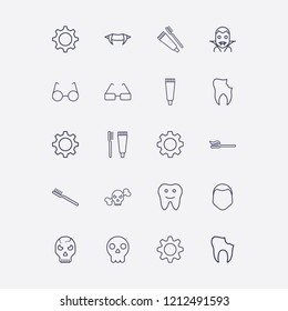 Outline 20 teeth icon set. gear, halloween skeleton, tooth, halloween vampire, toothbrush and broken tooth vector illustration