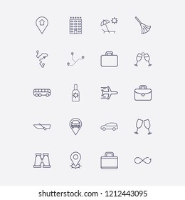 Outline 20 vacation icon set. beach, sunscreen, airplane, bus, car location and suitcase vector illustration