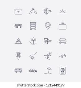 Outline 20 vacation icon set. airplane, train location, beach, skiing, comod and car vector illustration