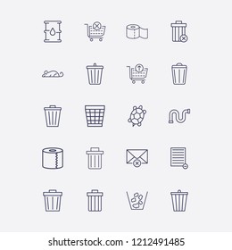 Outline 20 waste icon set. remove document, bin, barrel oil, remove message, toilet paper and rat vector illustration