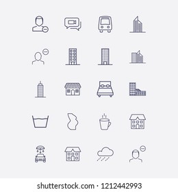 Outline 20 window icon set. remove user, bed, bus, laundry, house and building vector illustration