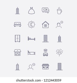 Outline 20 window icon set. bed, remove user, wedding dress, house, wardrobe and love rain vector illustration