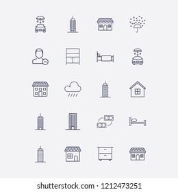 Outline 20 window icon set. house, car wash, building, comod, money exchange and love rain vector illustration