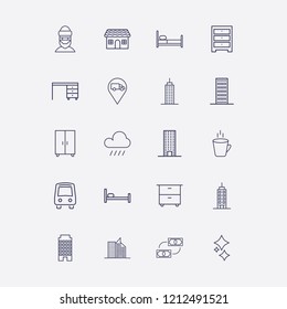 Outline 20 window icon set. hot cup, thief, raining, money exchange, truck location and comod vector illustration