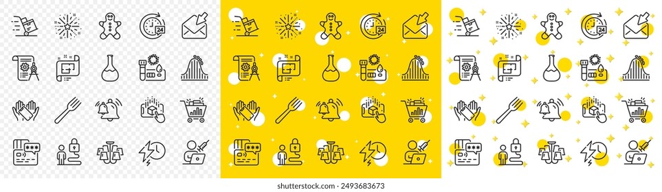 Outline 24h delivery, Roller coaster and Lock line icons pack for web with Charging time, Open mail, Chandelier line icon. Architectural plan, Covid test, Delivery cart pictogram icon. Vector