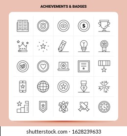 OutLine 25 Achievements & Badges Icon set. Vector Line Style Design Black Icons Set. Linear pictogram pack. Web and Mobile Business ideas design Vector Illustration.