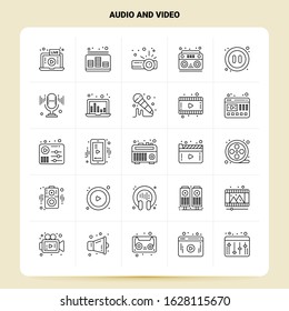 OutLine 25 Audio And Video Icon set. Vector Line Style Design Black Icons Set. Linear pictogram pack. Web and Mobile Business ideas design Vector Illustration.
