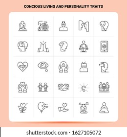 OutLine 25 Concious Living And Personality Traits Icon set. Vector Line Style Design Black Icons Set. Linear pictogram pack. Web and Mobile Business ideas design Vector Illustration.